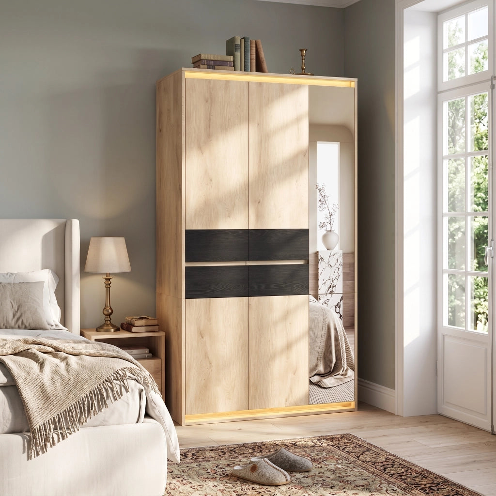 Armadio con Specchio e LED Guardaroba Moderno Rovere 110x47x200 cm con 4 Cassetti e 9 Scomparti