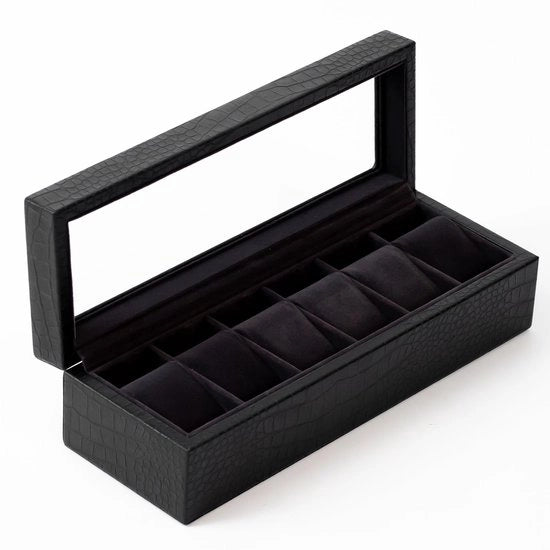 Cassa orologio elegante in nero, pelle di coccodrillo in pelle di cuoio con vetro reale