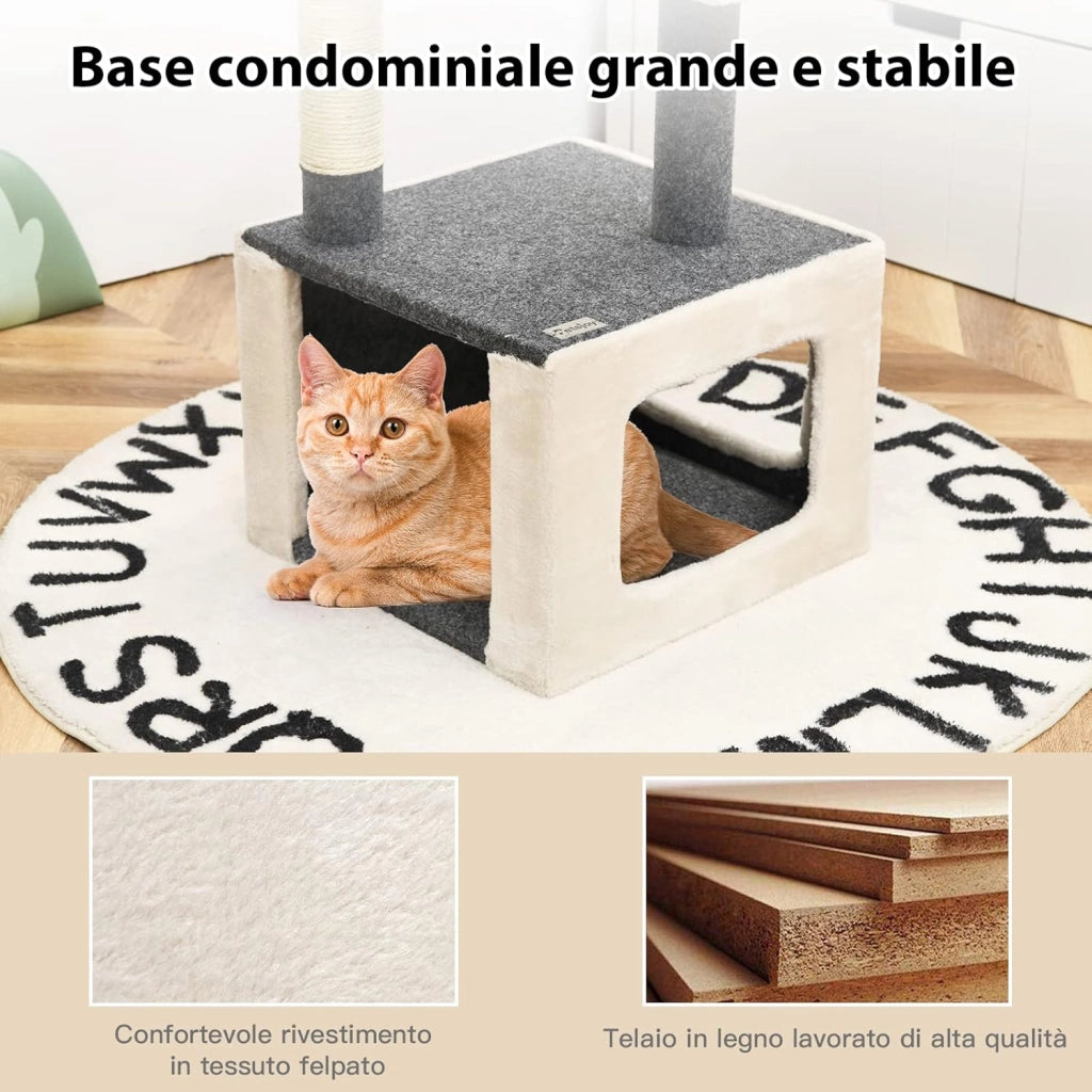 Tiragraffi per Gatti Piccoli, Tiragraffi Gatto con Cuccia, Piattaforme, Pallina e Tiragraffi in Sisal, Albero Tiragraffi in Legno da Divano, Salotto e Camera da Letto, 42 x 42 x 80 cm