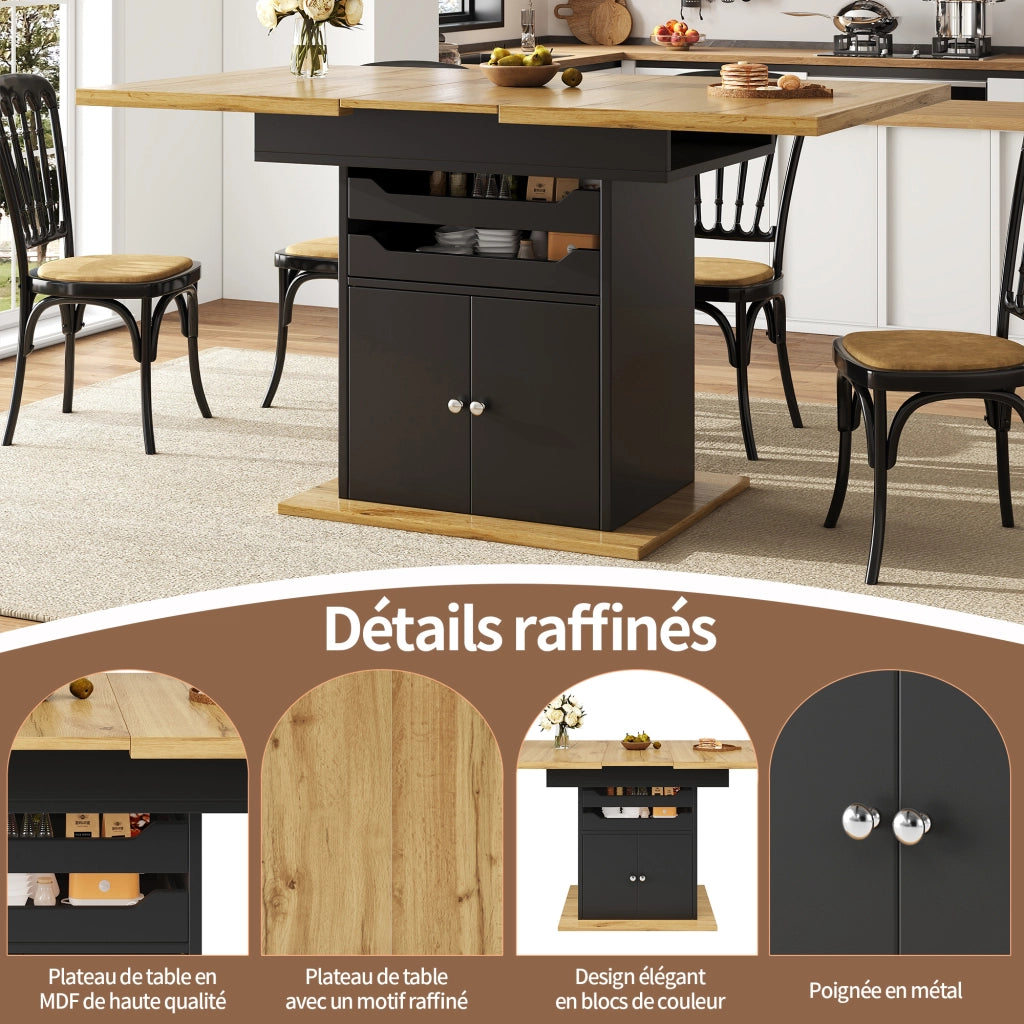 Tavolo da Pranzo per 4 a 6 Persone con 2 Cassetti e 1 Vano Contenitore Allungabile in MDF 110-140x80x76 cm Nero