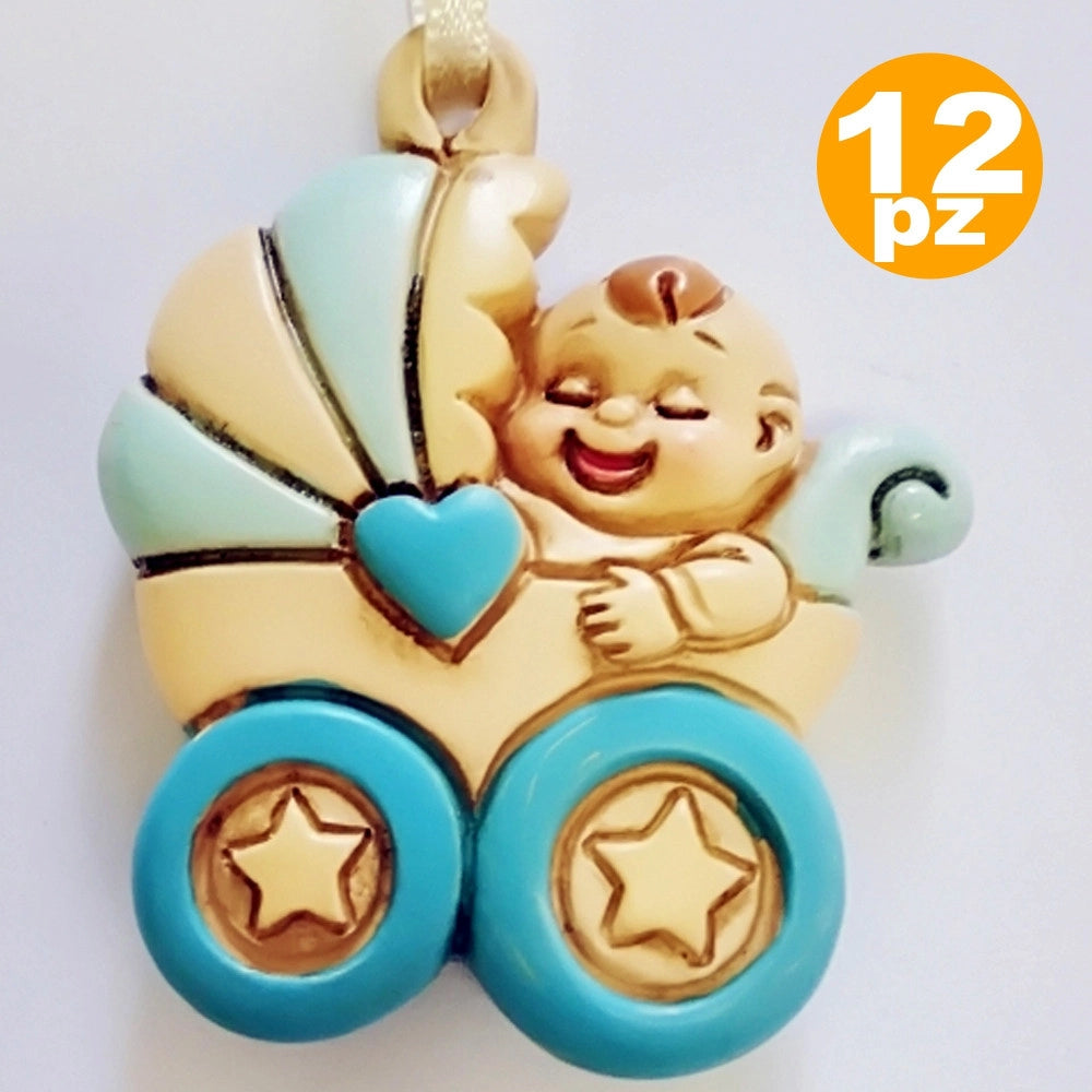 Trade Shop - Bomboniere Carrozzina Azzurro Passeggino Ceramica Appendino X Battesimo Nascita -