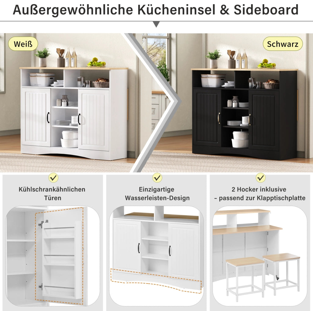 Isola cucina e sideboard pieghevole con 2 sgabelli; 110 x 34-68 x 97;5 cm; bianco