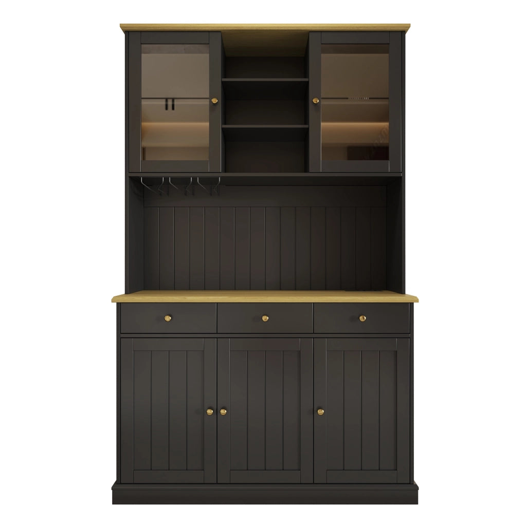 Credenza alta 120x40x191 cm con vetrine; portabicchieri e prese USB nera HOMVRA
