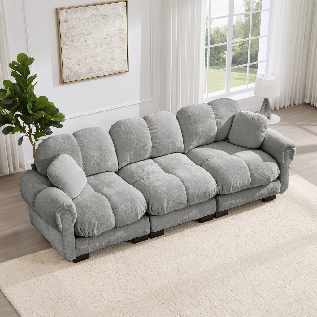 Divano modulare 3 posti con cuscini decorativi, sedute trapuntate, in Chenille, Grigio chiaro