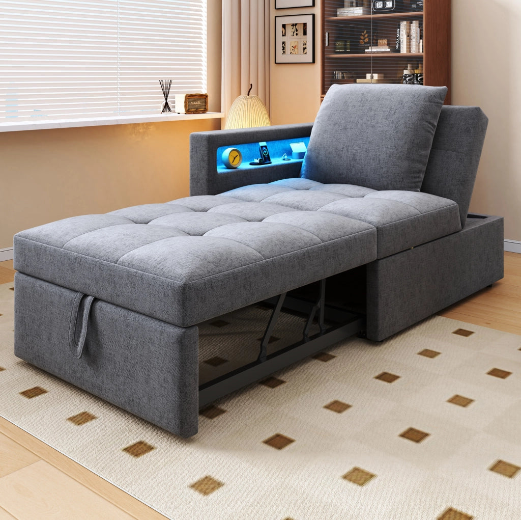 Divano letto 3 in 1 grigio chiaro con schienale regolabile, LED e ricarica