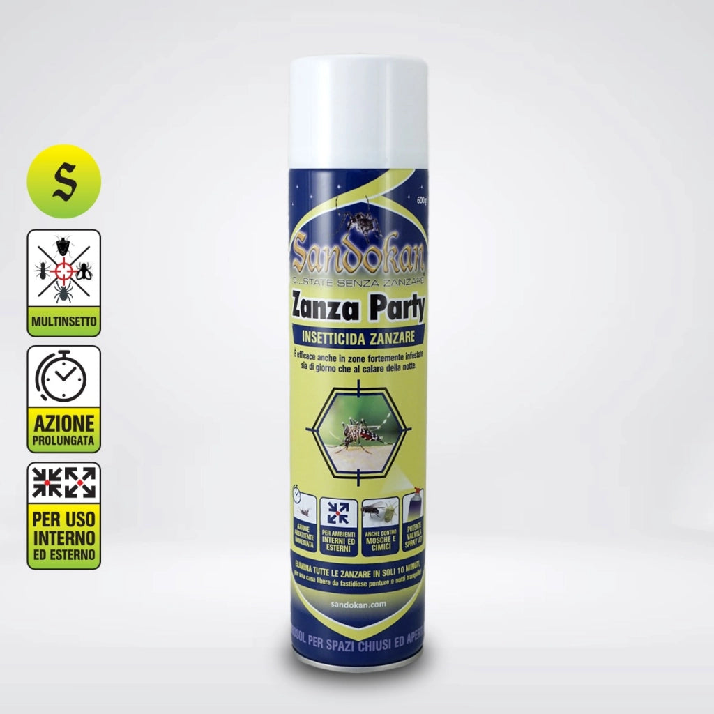 Insetticida effetto abbattente " zanza party " con spray jet per disinfestazioni immediate