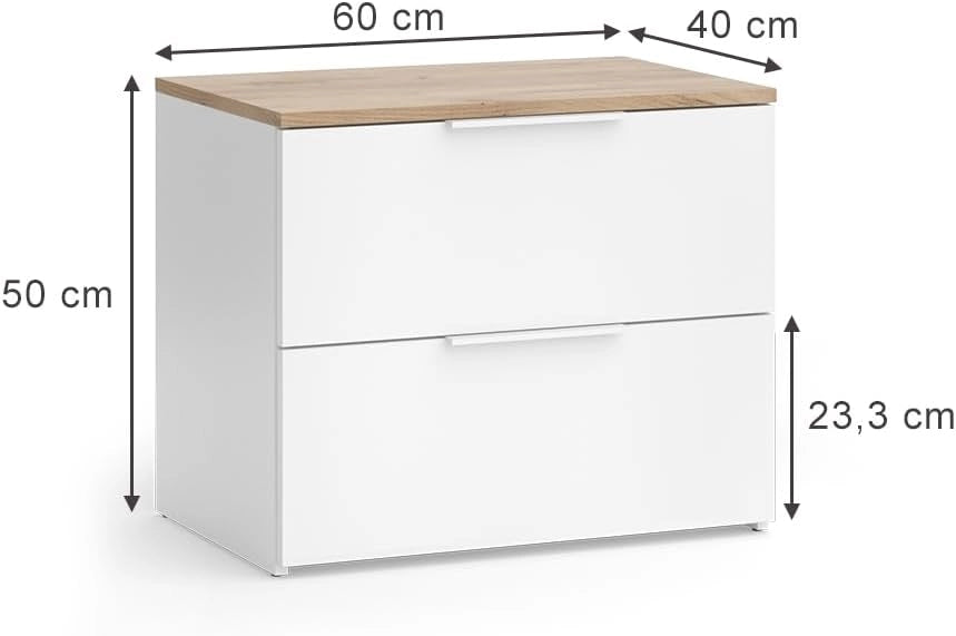 Cassettiera Wido, Bianco/Sonoma, 60 x 50 cm con 2 cassetti, per riporre abiti e oggetti di uso quotidiano