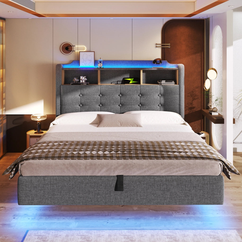 Letto imbottito 140x200 cm grigio con LED, USB e vano contenitore