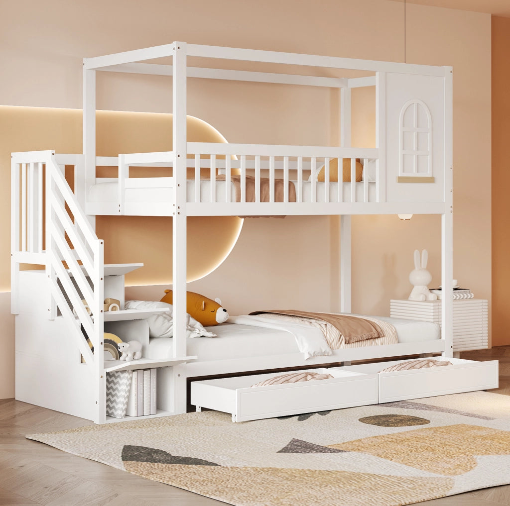 Letto a castello 90x200 cm con scala di sicurezza e cassetti in legno bianco