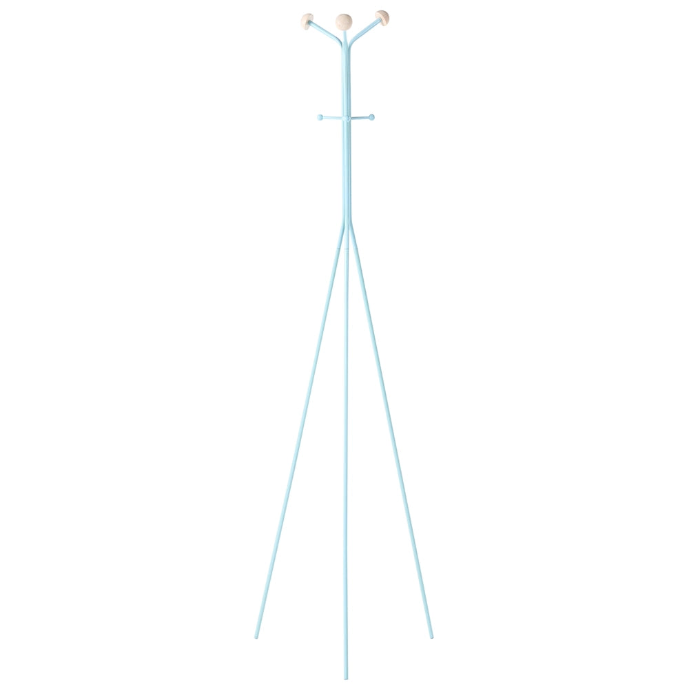 Appendiabiti in acciaio blu chiaro, 176 cm, appendiabiti da terra con dettagli in legno e 6 ganci, moderno per ingresso