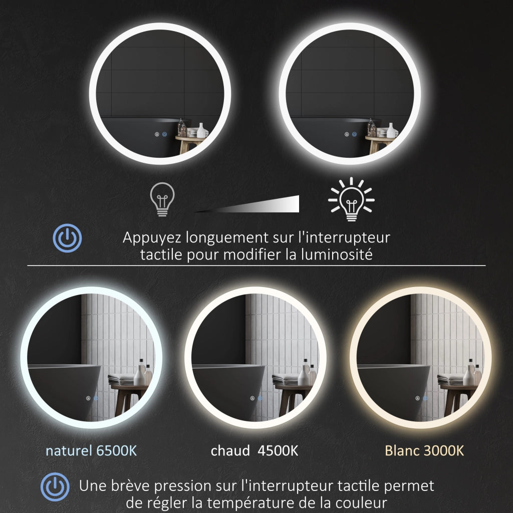 Specchio da bagno LED rotondo con antibu¨¦e 70 cm ¨C zephmum ¨C bianco argento 35W