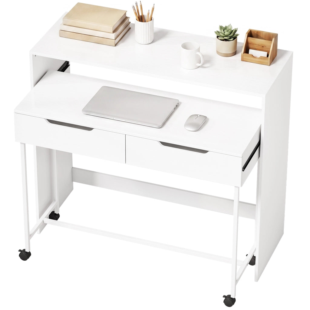 Scrivania computer estensibile con 2 cassetti, bianca, design moderno, salvaspazio, 100 cm, per casa e studio