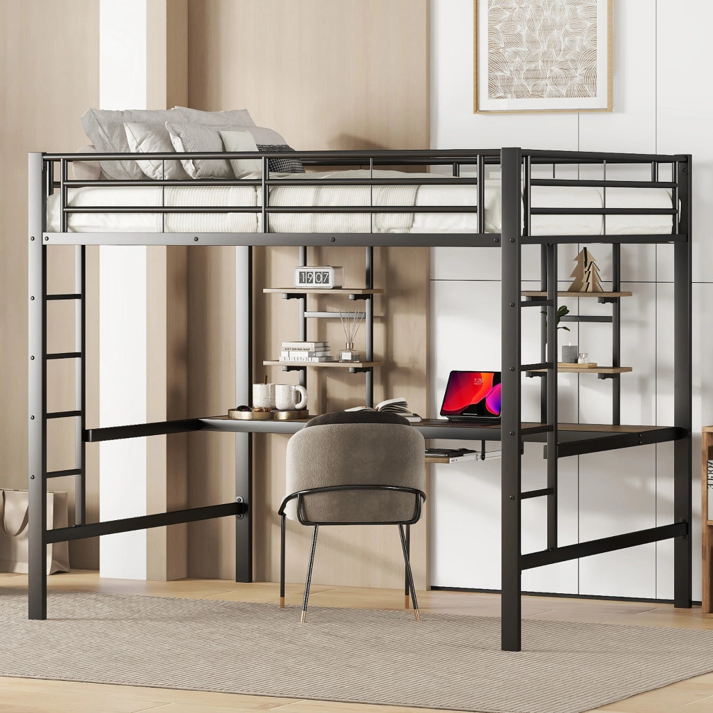 Letto a soppalco 140 × 200 cm con scrivania, 2 librerie e scala, senza materasso, in metallo, nero