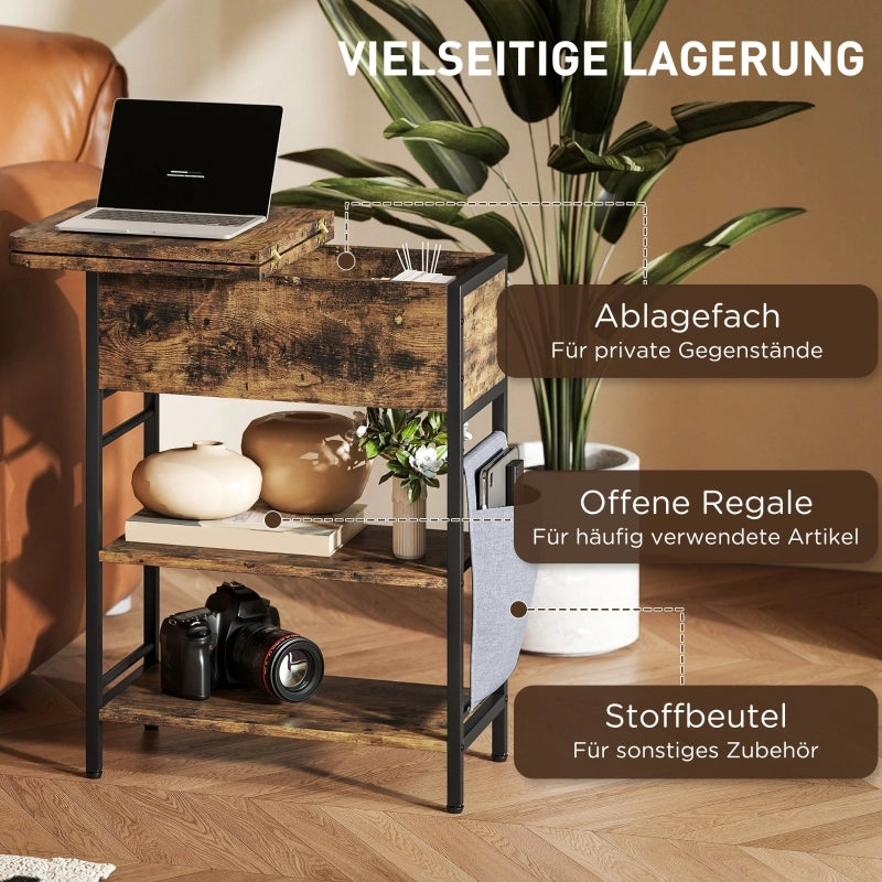 Comodino con 2 ripiani aperti; vano con coperchio e tasca laterale con prese e porte USB per camera 60×29.8×58.5 cm