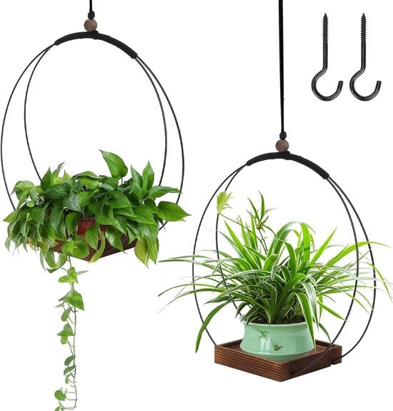 Sospensioni per piante da interni - Lampada a cordoncino con base in legno e ganci per succulente, piante d'aria e cactus (Nero-1) 2pz