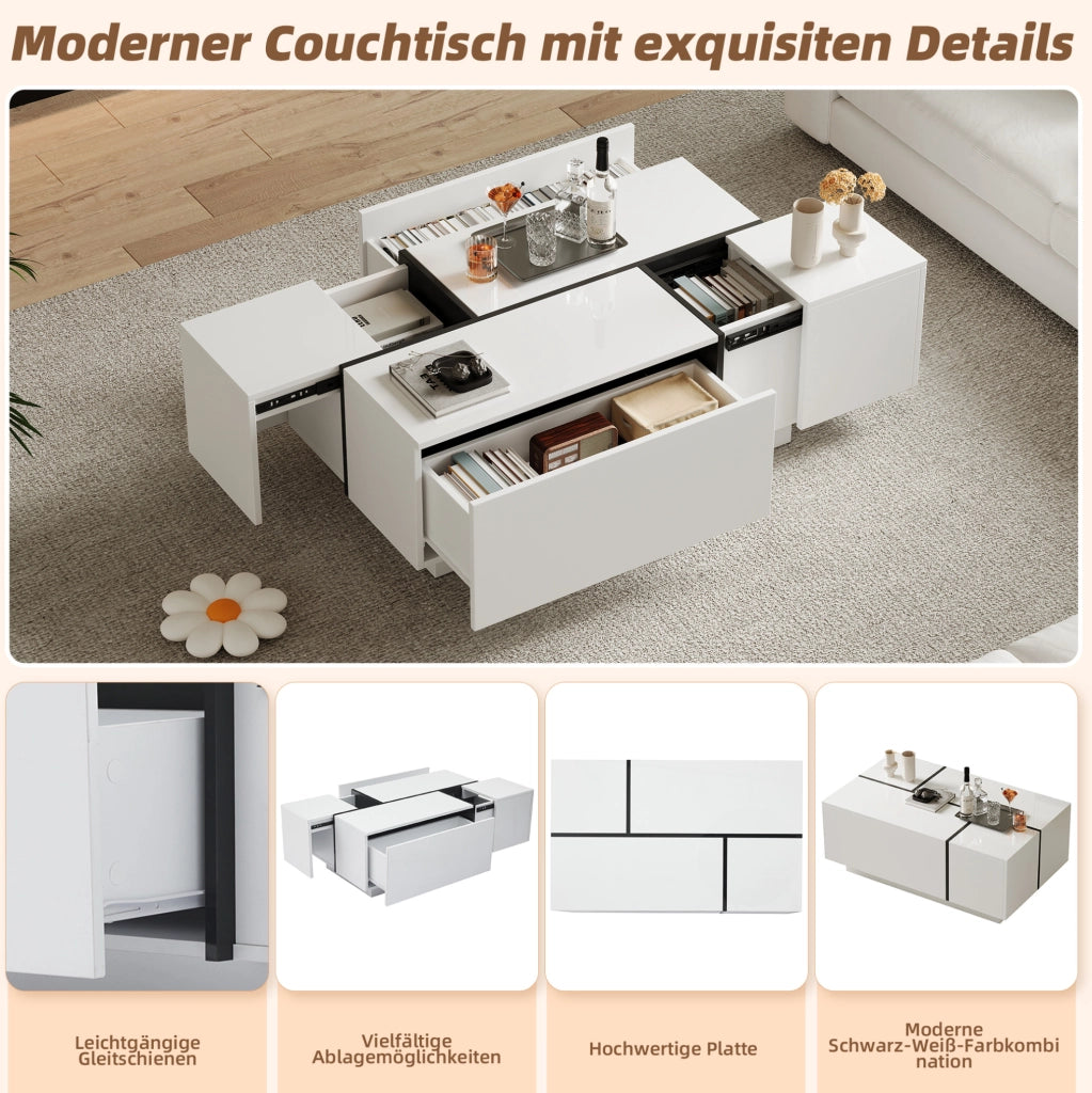 Tavolino da caffè 100x60x40 cm con 4 cassetti in truciolare bianco e nero