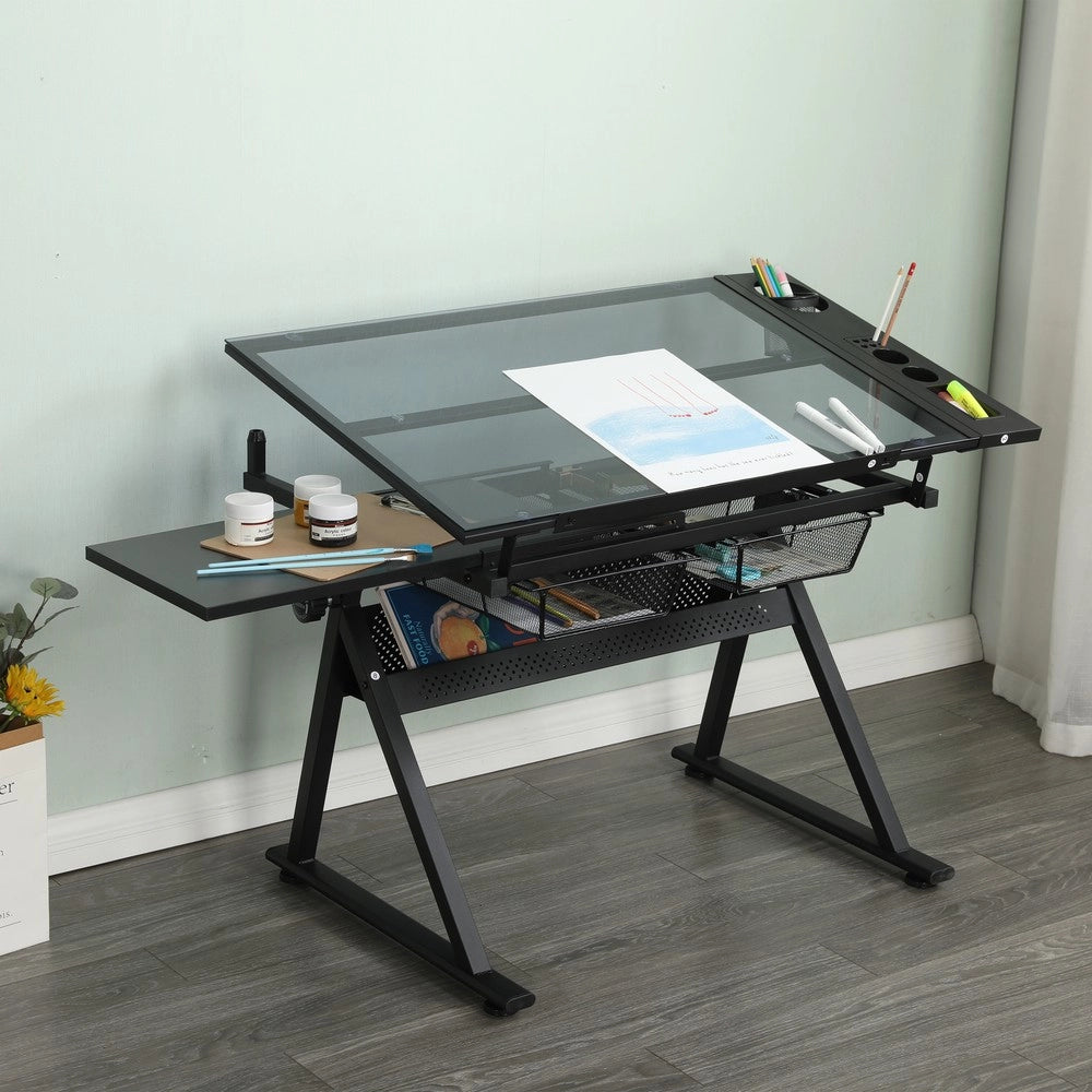 Tavolo da Disegno in Vetro Temperato Regolabile con Sedia ¨C Xylo ¨C Nero