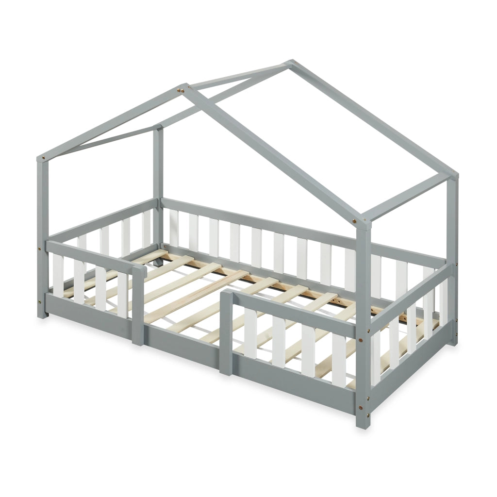 Letto per Cameretta Treviolo a Forma di Casetta in Stile Montessori 80x160 cm Grigio Chiaro/Bianco [en.casa]