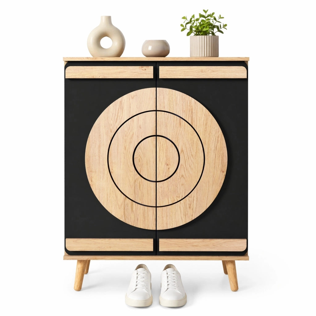 Scarpiera moderna con ante geometriche rotonde; 76 x 37 x 98;5 cm; nero in MDF