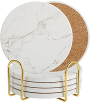 Onderzetters in ceramica rotondi, set da 6 - Onderzetters veloci assorbenti per bicchieri - Onderzetters con piede di legno per bicchieri - Onderzetters per tazze - Onderzetters - Con standard (Wit marmerlook, set da 6)