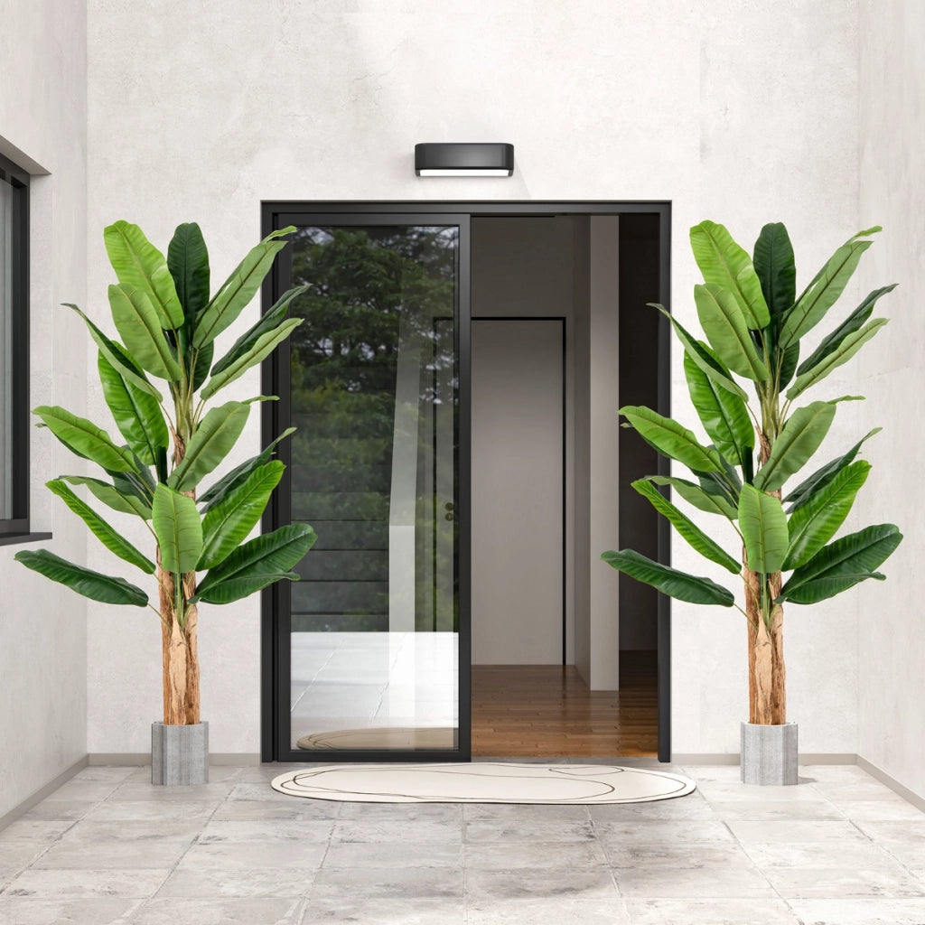 Albero di banana finto con grandi foglie e vaso, Albero di banana artificiale con corteccia naturale alto 195 cm-Piante artificiali