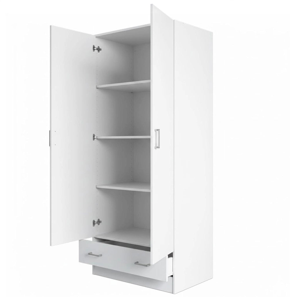 Armadio Design Moderno Con 2 Ante E 1 Cassetto Multiuso Salvaspazio Con Ripiani Interni E Vano Contenitore Per Camera Da Letto O Ingresso 79.4 X 35.7 X 170.4 Cm Bianco