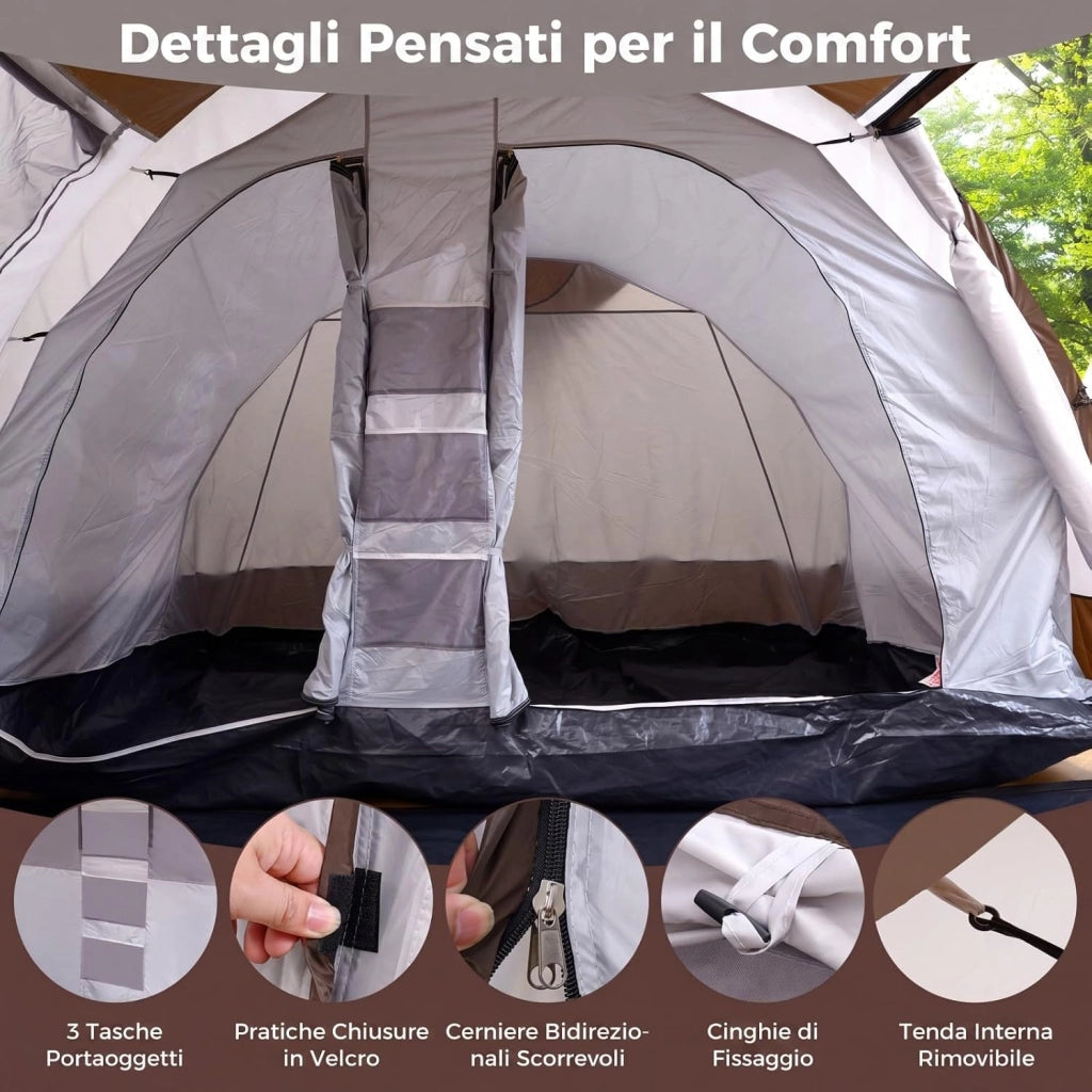 Tenda da Campeggio per 4-6 Persone, Tenda a Tunnel Familiare Impermeabile con 2 Stanze, Finestre Ventilata, Picchetti e Borsa da Trasporto, per Campeggio e Viaggi, 450 x 330 x 202 cm