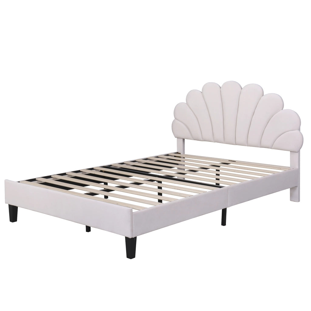 Letto matrimoniale imbottito 140x200 cm in velluto beige con testiera a fiore e rete a doghe, portata 250 kg