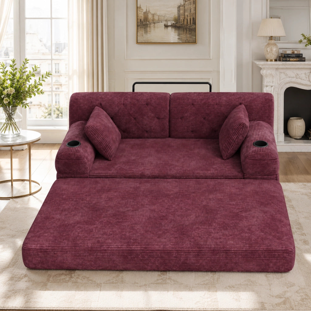 Divano letto in tessuto a coste con schienale alto, 4 tasche laterali e 2 portabicchieri, rosso vino 168 × 80 × 81 cm
