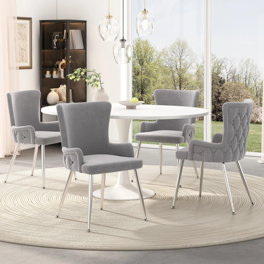 Set di 6 sedie da pranzo in velluto con gambe in metallo; grigio e argento