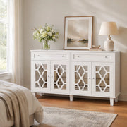 Credenza con quattro ante a specchio, due cassetti e ripiano regolabile in MDF bianco per soggiorno 140 × 40 × 83 cm