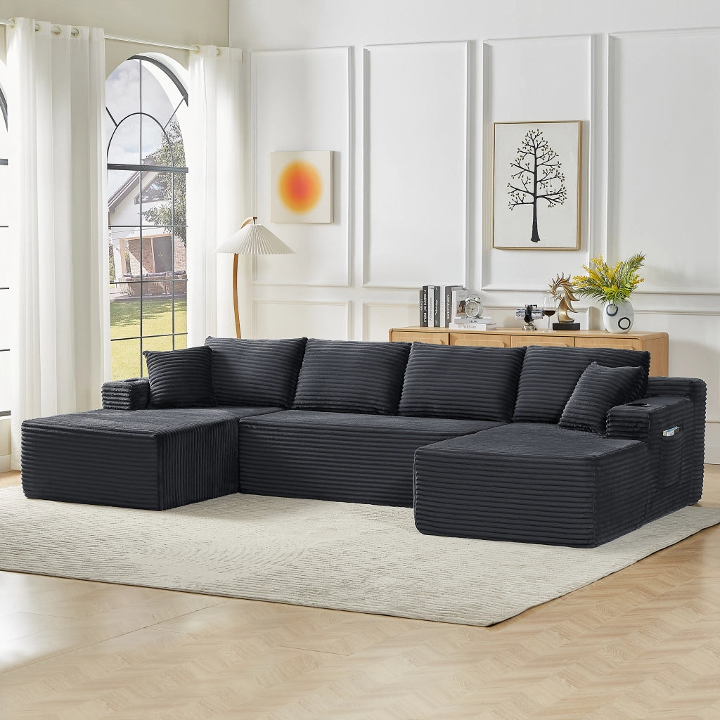 Divano modulare a U senza montaggio in tessuto a coste con seduta profonda e sostegno ergonomico grigio scuro