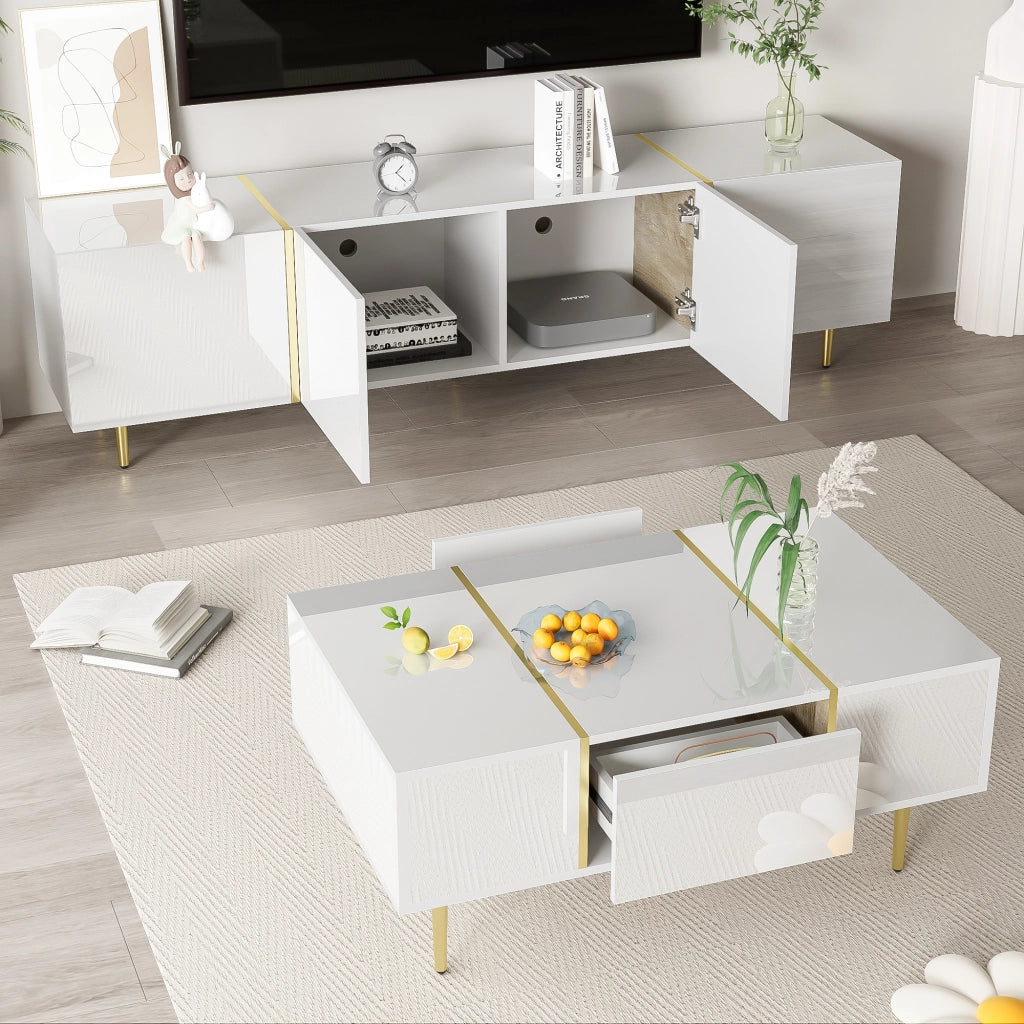 OKWISH Set di 2 Mobili da Soggiorno, Mobile TV e Tavolino con Ante e Cassetti, MDF Bianco Lucido