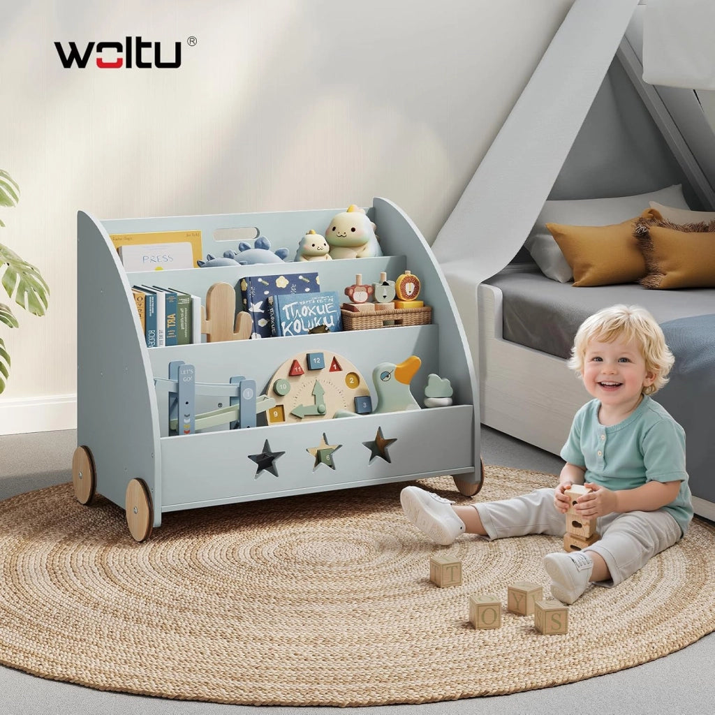 Libreria Piccola in Legno per Bambini, Scaffale Porta Giochi con Contenitore e Ruote, Organizzatore per Cameretta, Grigio 62x42x57cm