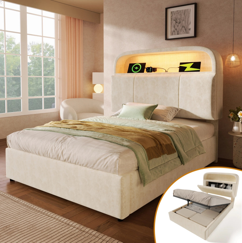 Letto singolo 90x200 cm in velluto beige con testiera regolabile; contenitore; LED e ricarica USB/Type-C