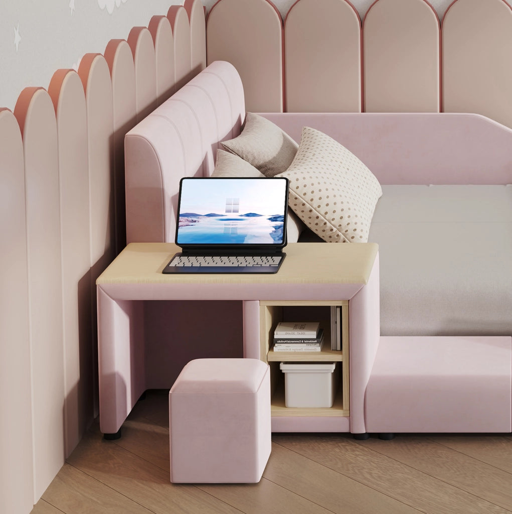 Letto imbottito per bambini con scrivania, sgabello e mensola 140x200 cm rosa