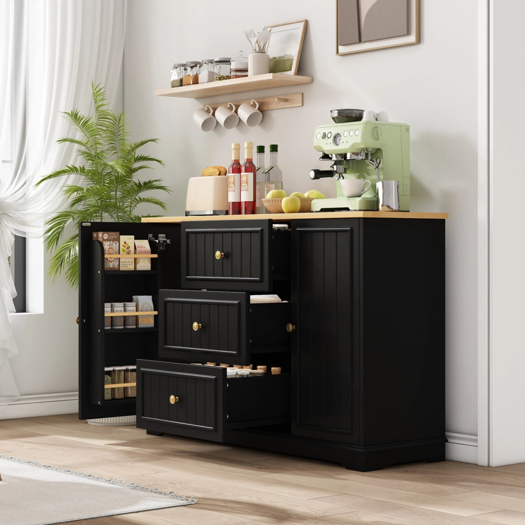 Madia 126x40x86 cm con 3 cassetti e ante; MDF nero