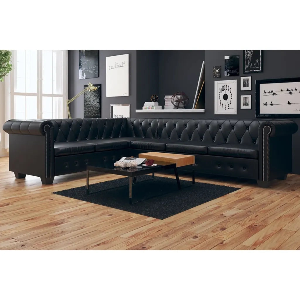 Divano Chersterfield 6 posti Pelle Artificiale Nera    cod mxl 15268