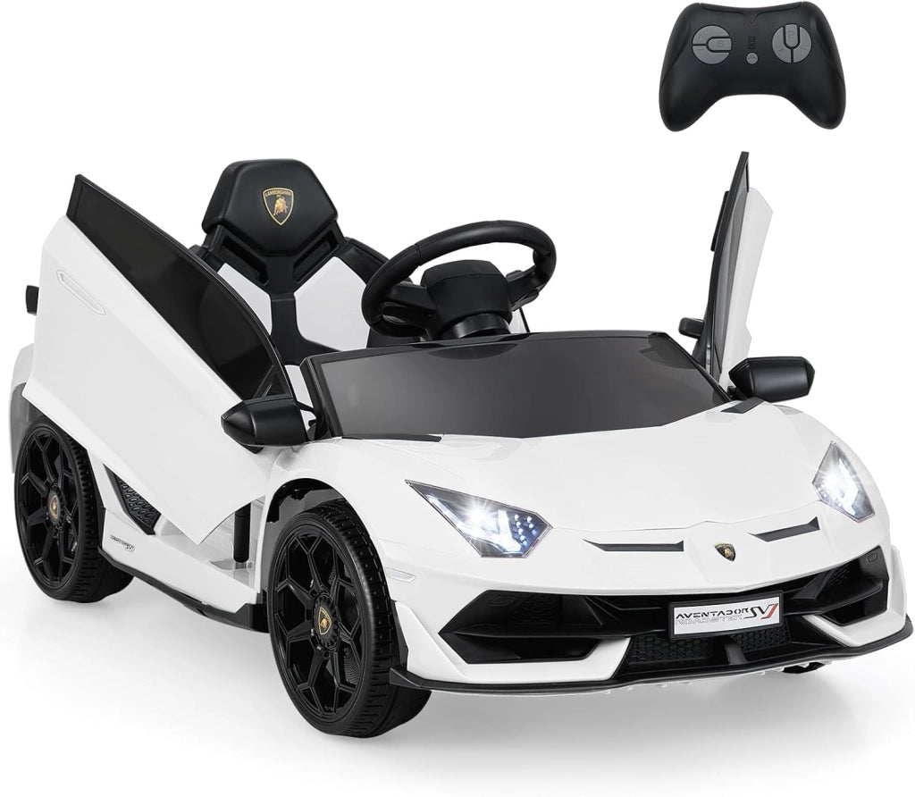 12V Lamborghini Macchina Elettrica per Bambini, Veicolo Elettrico con Telecomando Sospensione a Molla Luci LED MP3, 3-5 km/h, per Bambini 3 Anni+ (Rosso)