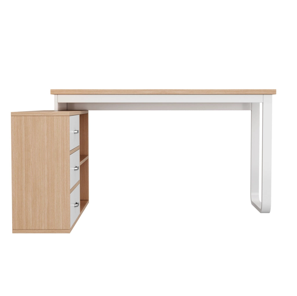 Scrivania 147x100x75.3 cm con tre cassetti e due vani a giorno in MDF e metallo naturale