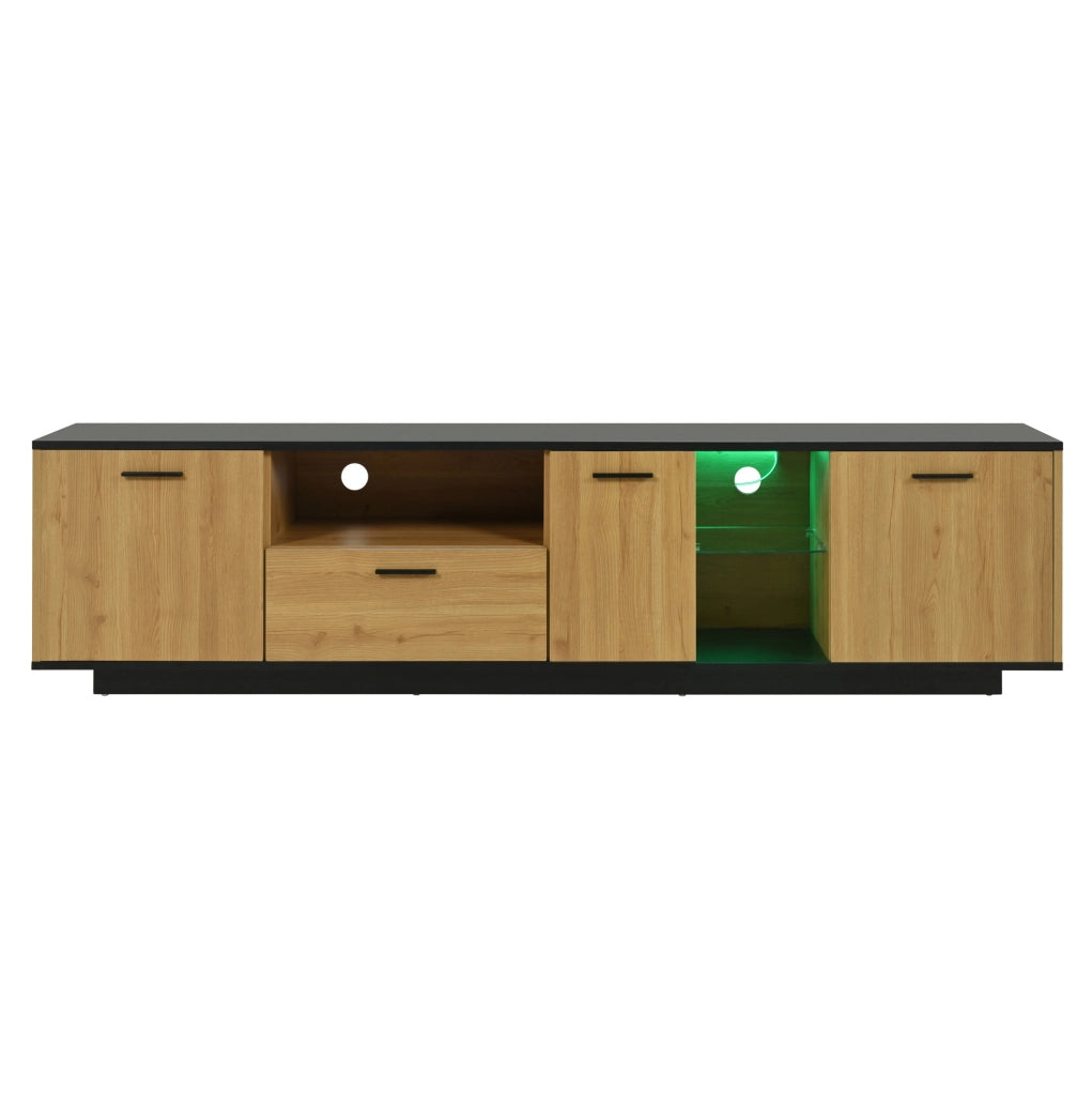 Mobile TV 180 cm nero e legno con LED, 3 ante e cassetto