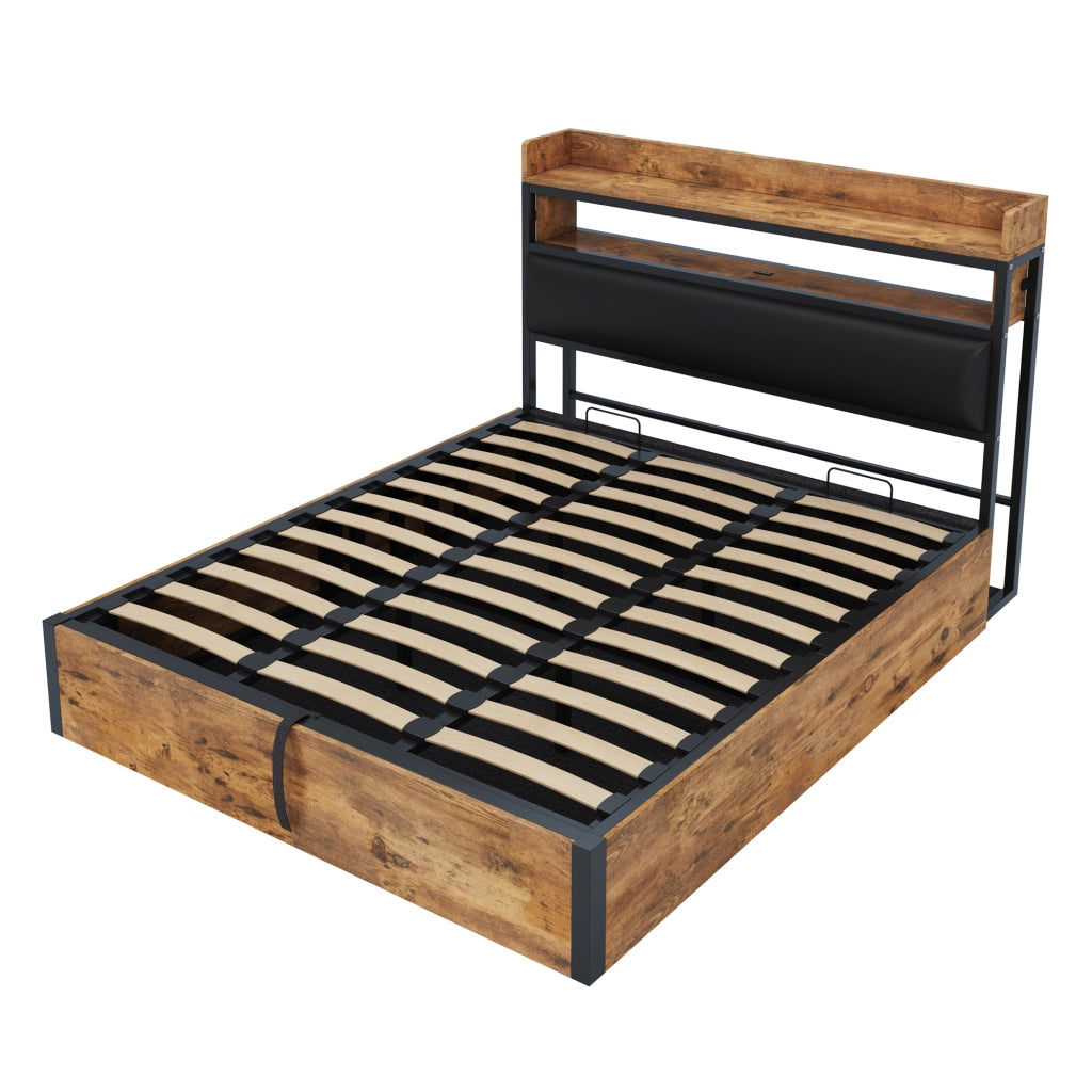 DESMIU Letto contenitore 180 × 200 cm 2 posti con USB e vano, senza materasso, in metallo e legno, nero