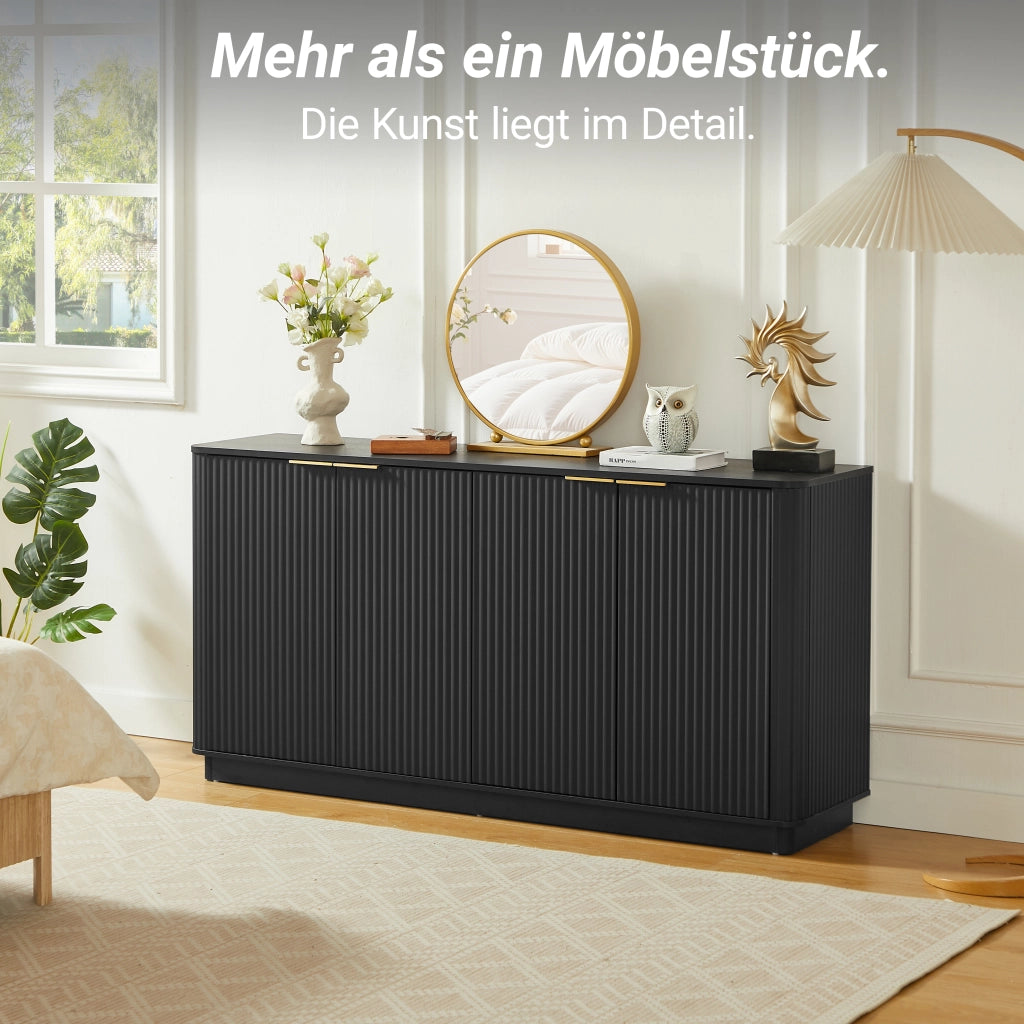 Credenza con 4 ante e 4 vani; ripiani; per soggiorno; in MDF; 160×40×80 cm; nero