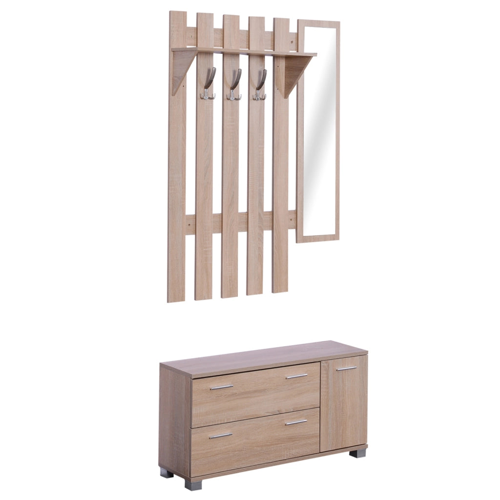 Set Ingresso con Specchio Appendiabiti Scarpiera 3 Ganci Ripiani e 2 Cassetti ¨C Zephmum ¨C Rovere