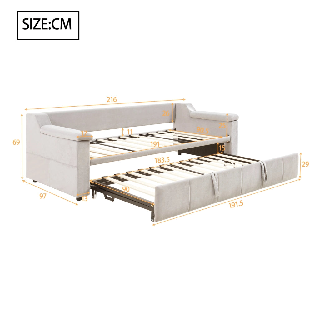Divano letto matrimoniale estensibile 90/180x190 cm in velluto beige con Bluetooth e USB
