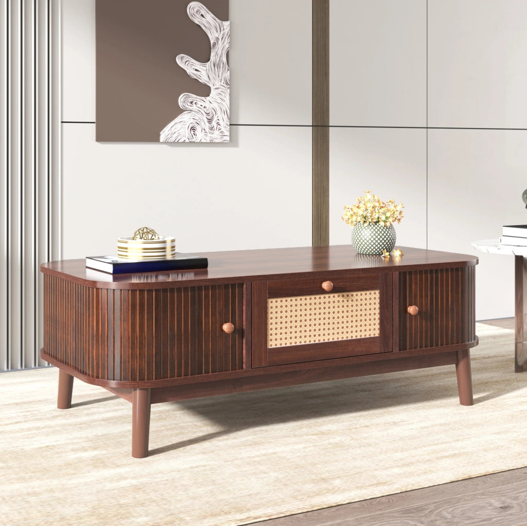 Tavolino da caffè 110 cm con rattan, ante scorrevoli e cassetti