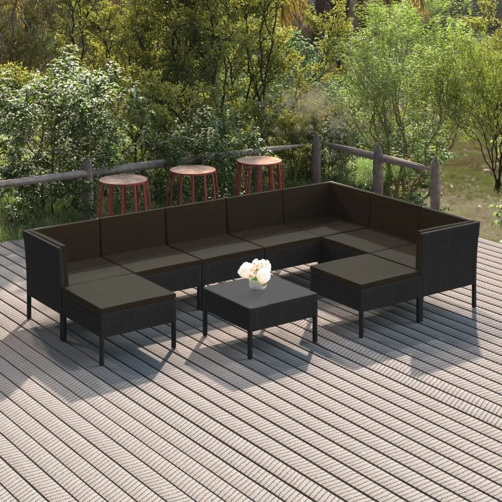 Set Divani da Giardino 10 pz con Cuscini in Polyrattan Nero 3094437