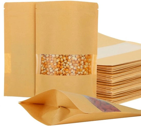 Pacchetti di carta kraft - Pacchetti con finestra - 200 pezzi - 14 x 20 cm - Riciclabili - Ideali per alimenti - Adatti per spezie e...