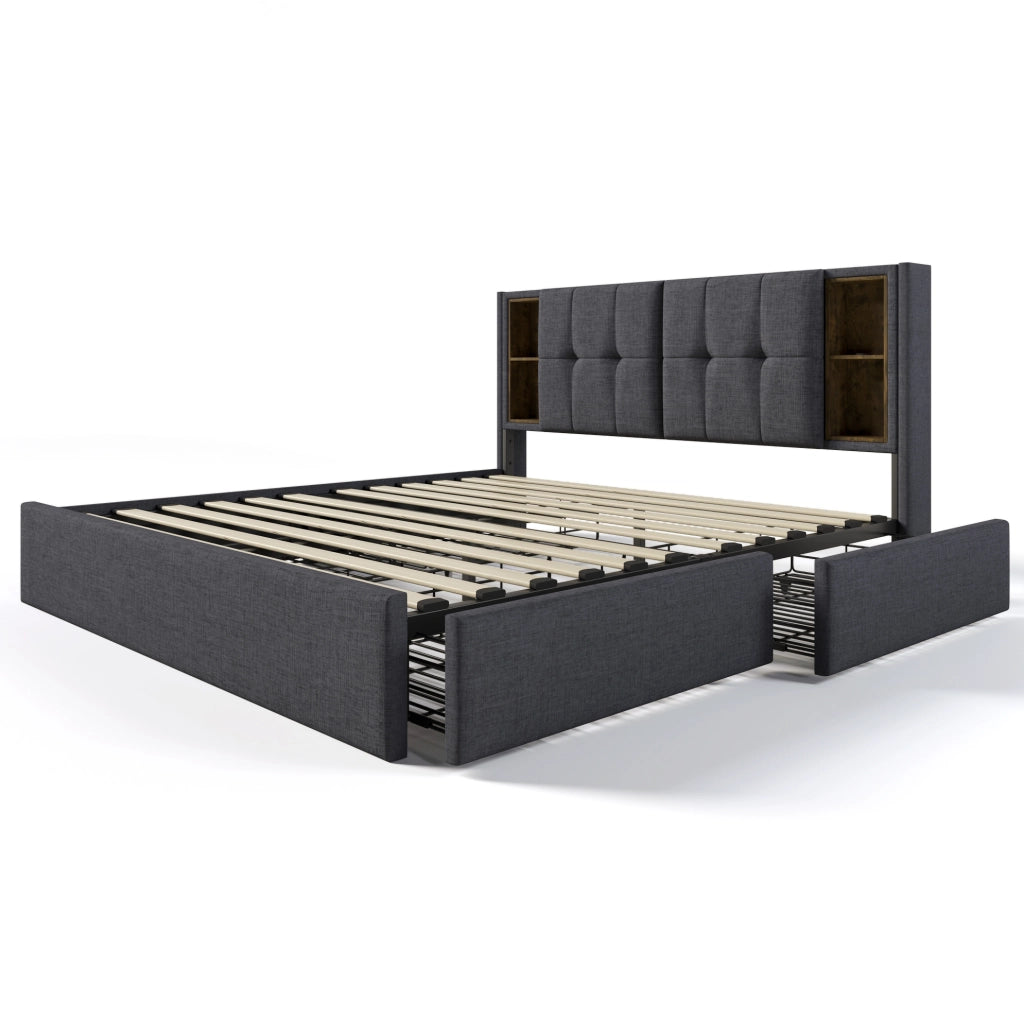Letto matrimoniale 160x200 cm in lino grigio con ricarica wireless; USB e 4 cassetti