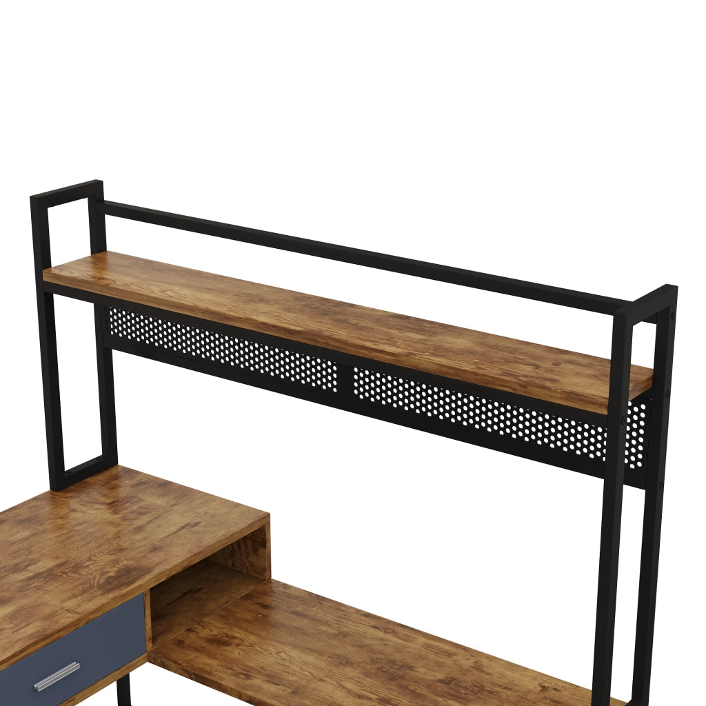 Scrivania angolare industriale 140x140x135 cm con cassetti e anta, struttura in MDF e metallo nero